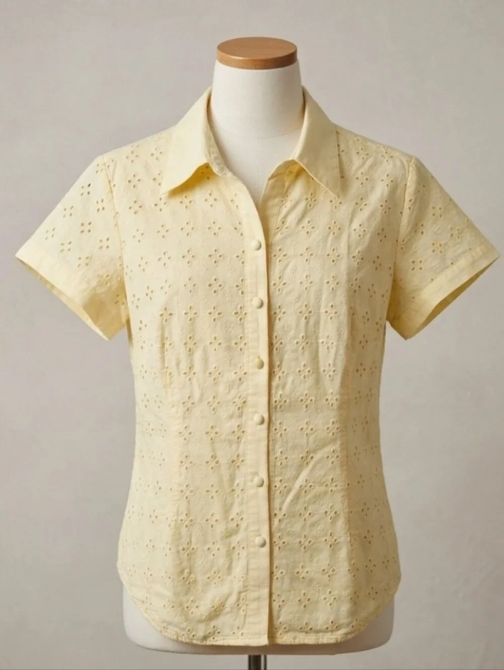 Yellow Eyelet 100% Cotton Short Sleeve Button Up Shirt Lined Floral Embroidered